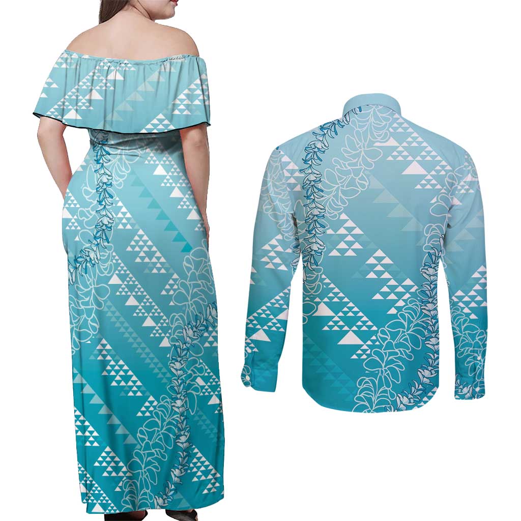 Hawaii Turquoise Kapa Couples Matching Off Shoulder Maxi Dress and Long Sleeve Button Shirt Vintage 'Ohe Kāpala Motifs Mix Plumeria Leis LT7 - Polynesian Pride