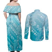 Hawaii Turquoise Kapa Couples Matching Off Shoulder Maxi Dress and Long Sleeve Button Shirt Vintage 'Ohe Kāpala Motifs Mix Plumeria Leis LT7 - Polynesian Pride