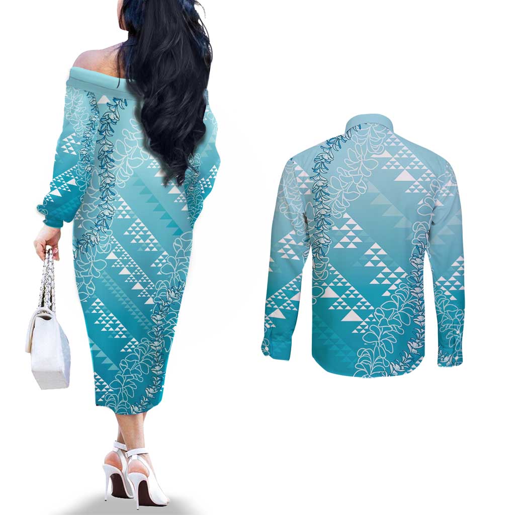 Hawaii Turquoise Kapa Couples Matching Off The Shoulder Long Sleeve Dress and Long Sleeve Button Shirt Vintage 'Ohe Kāpala Motifs Mix Plumeria Leis LT7 - Polynesian Pride