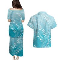Hawaii Turquoise Kapa Couples Matching Puletasi and Hawaiian Shirt Vintage 'Ohe Kāpala Motifs Mix Plumeria Leis LT7 - Polynesian Pride