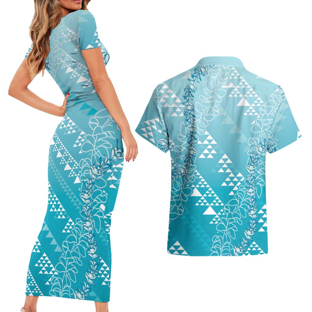 Hawaii Turquoise Kapa Couples Matching Short Sleeve Bodycon Dress and Hawaiian Shirt Vintage 'Ohe Kāpala Motifs Mix Plumeria Leis LT7 - Polynesian Pride