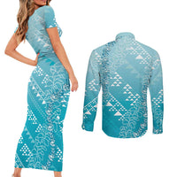 Hawaii Turquoise Kapa Couples Matching Short Sleeve Bodycon Dress and Long Sleeve Button Shirt Vintage 'Ohe Kāpala Motifs Mix Plumeria Leis LT7 - Polynesian Pride