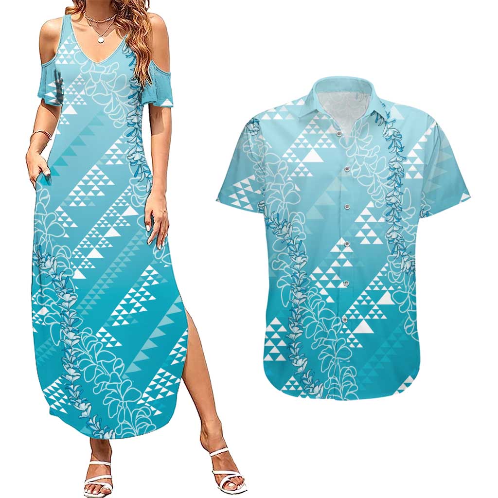 Hawaii Turquoise Kapa Couples Matching Summer Maxi Dress and Hawaiian Shirt Vintage 'Ohe Kāpala Motifs Mix Plumeria Leis LT7 Turquoise - Polynesian Pride