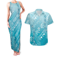 Hawaii Turquoise Kapa Couples Matching Tank Maxi Dress and Hawaiian Shirt Vintage 'Ohe Kāpala Motifs Mix Plumeria Leis LT7 Turquoise - Polynesian Pride