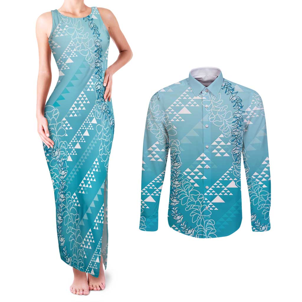 Hawaii Turquoise Kapa Couples Matching Tank Maxi Dress and Long Sleeve Button Shirt Vintage 'Ohe Kāpala Motifs Mix Plumeria Leis LT7 Turquoise - Polynesian Pride