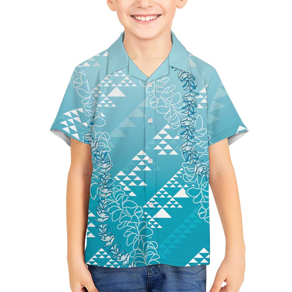 Hawaii Turquoise Kapa Family Matching Mermaid Dress and Hawaiian Shirt Vintage 'Ohe Kāpala Motifs Mix Plumeria Leis LT7 Son's Shirt Turquoise - Polynesian Pride