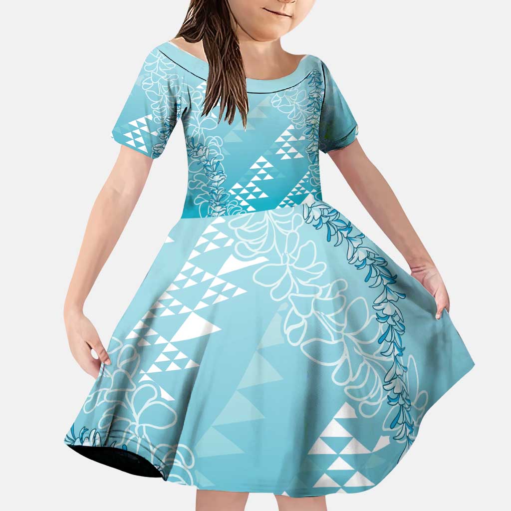 Hawaii Turquoise Kapa Family Matching Off The Shoulder Long Sleeve Dress and Hawaiian Shirt Vintage 'Ohe Kāpala Motifs Mix Plumeria Leis LT7 Daughter's Dress Turquoise - Polynesian Pride