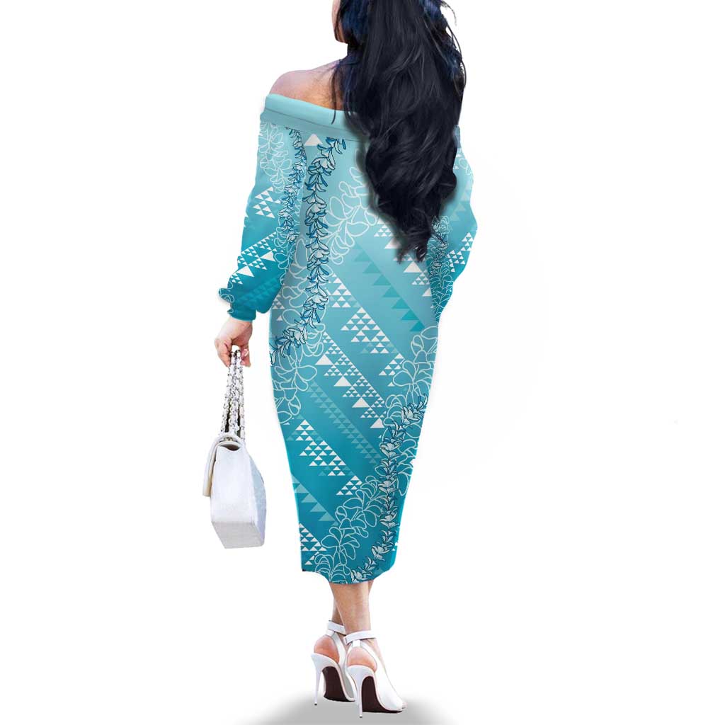 Hawaii Turquoise Kapa Family Matching Off The Shoulder Long Sleeve Dress and Hawaiian Shirt Vintage 'Ohe Kāpala Motifs Mix Plumeria Leis LT7 - Polynesian Pride
