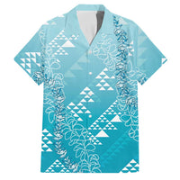 Hawaii Turquoise Kapa Family Matching Off Shoulder Short Dress and Hawaiian Shirt Vintage 'Ohe Kāpala Motifs Mix Plumeria Leis LT7 Dad's Shirt - Short Sleeve Turquoise - Polynesian Pride