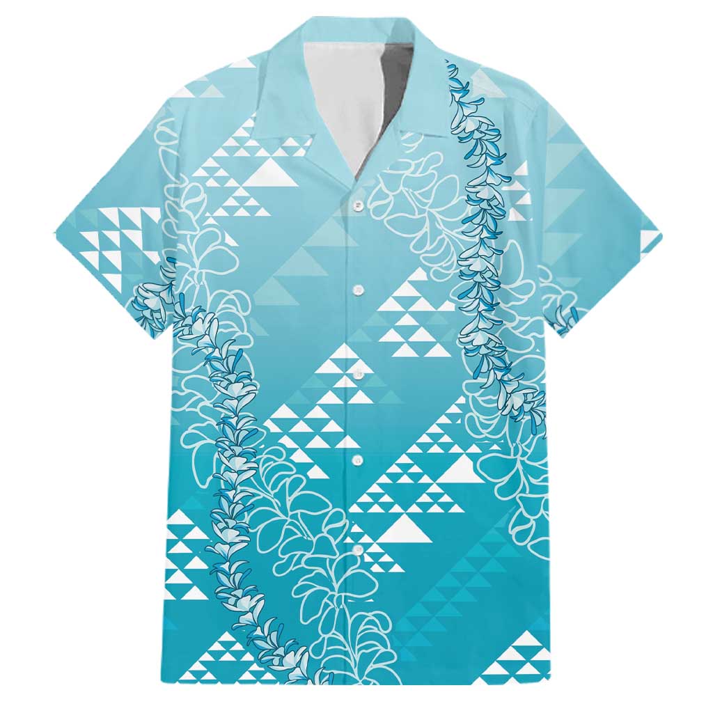 Hawaii Turquoise Kapa Family Matching Puletasi and Hawaiian Shirt Vintage 'Ohe Kāpala Motifs Mix Plumeria Leis LT7 Dad's Shirt - Short Sleeve Turquoise - Polynesian Pride