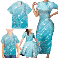 Hawaii Turquoise Kapa Family Matching Short Sleeve Bodycon Dress and Hawaiian Shirt Vintage 'Ohe Kāpala Motifs Mix Plumeria Leis LT7 - Polynesian Pride