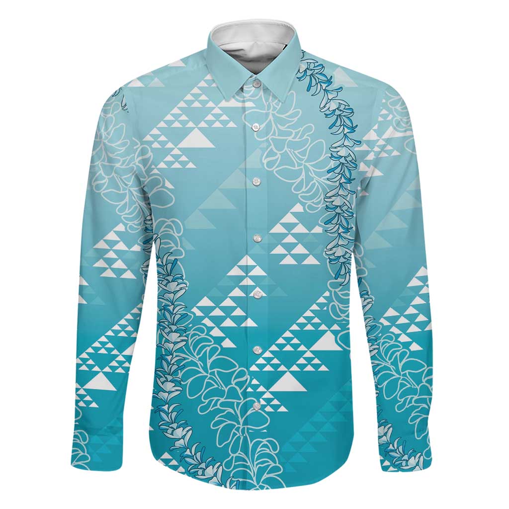 Hawaii Turquoise Kapa Family Matching Summer Maxi Dress and Hawaiian Shirt Vintage 'Ohe Kāpala Motifs Mix Plumeria Leis LT7 Dad's Shirt - Long Sleeve Turquoise - Polynesian Pride
