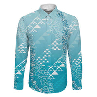 Hawaii Turquoise Kapa Family Matching Tank Maxi Dress and Hawaiian Shirt Vintage 'Ohe Kāpala Motifs Mix Plumeria Leis LT7 Dad's Shirt - Long Sleeve Turquoise - Polynesian Pride