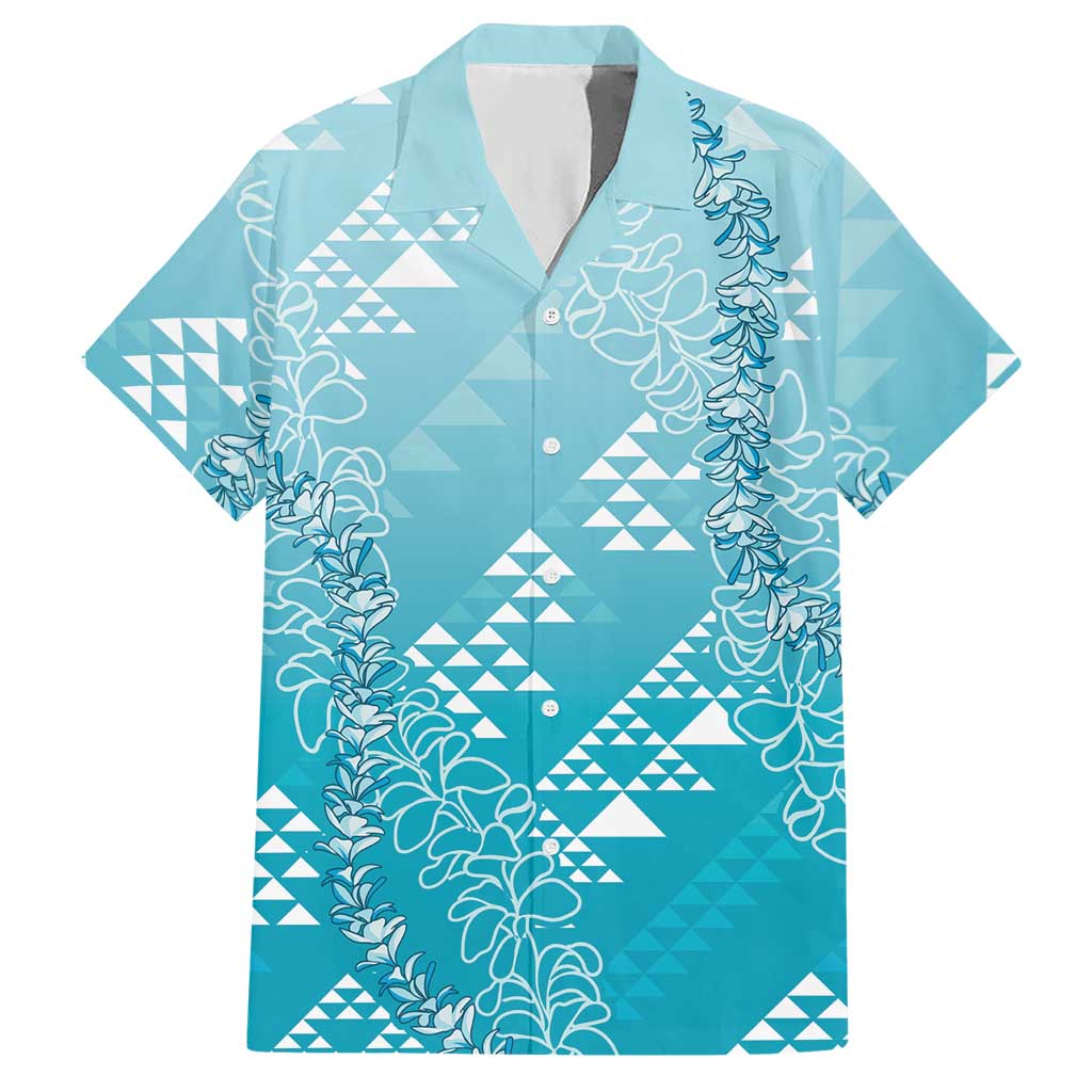Hawaii Turquoise Kapa Hawaiian Shirt Vintage 'Ohe Kāpala Motifs Mix Plumeria Leis