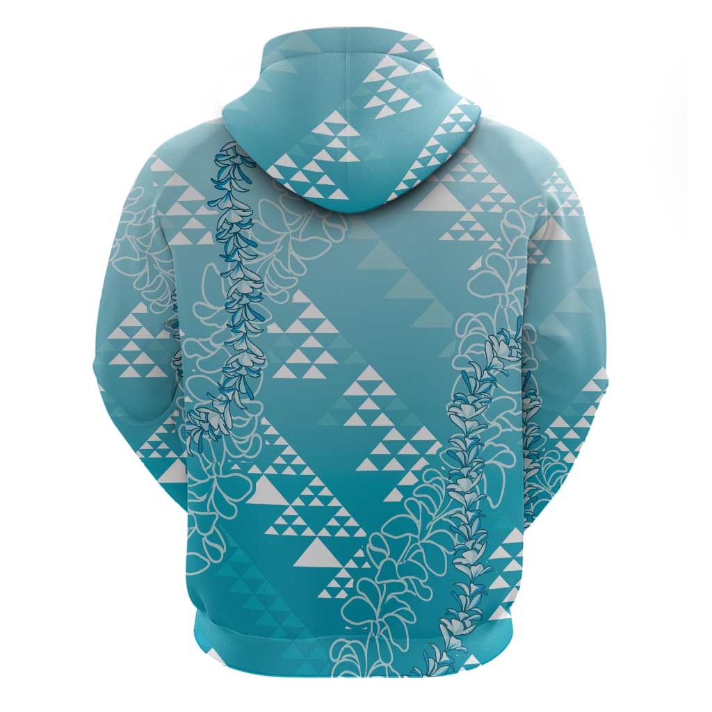 Hawaii Turquoise Kapa Hoodie Vintage 'Ohe Kāpala Motifs Mix Plumeria Leis