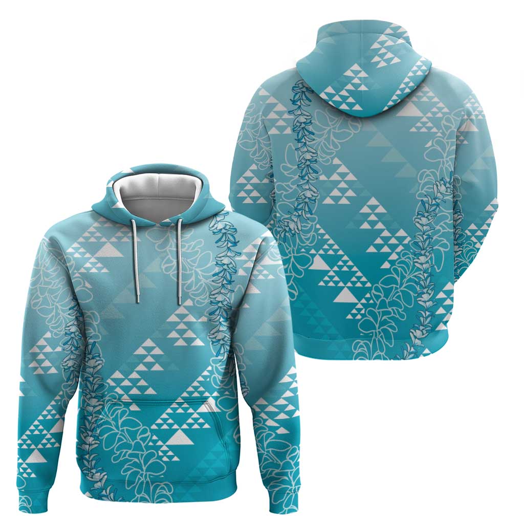 Hawaii Turquoise Kapa Hoodie Vintage 'Ohe Kāpala Motifs Mix Plumeria Leis