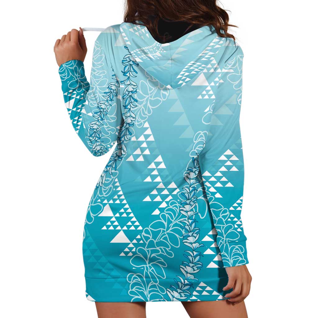 Hawaii Turquoise Kapa Hoodie Dress Vintage 'Ohe Kāpala Motifs Mix Plumeria Leis LT7 - Polynesian Pride