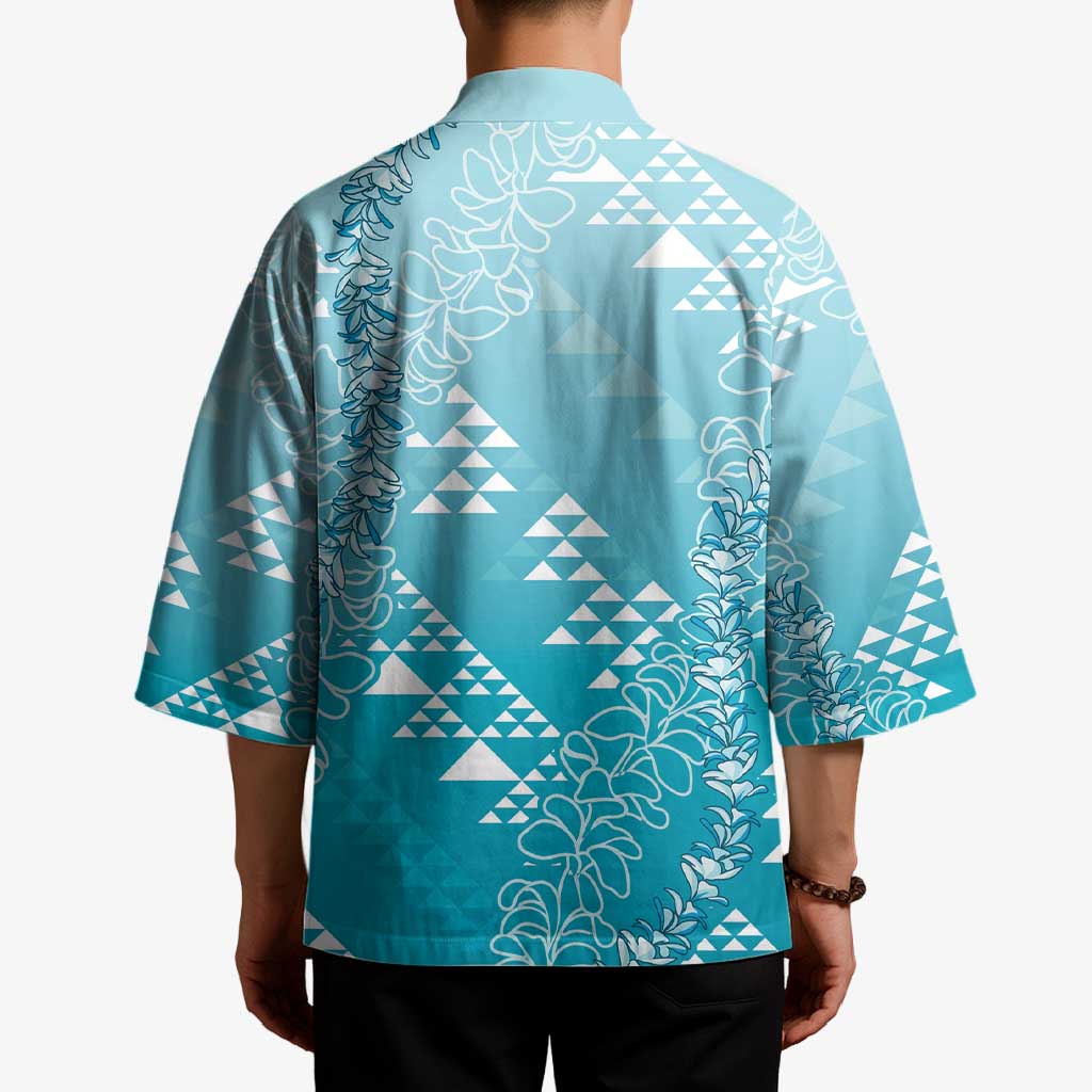 Hawaii Turquoise Kapa Kimono Vintage 'Ohe Kāpala Motifs Mix Plumeria Leis