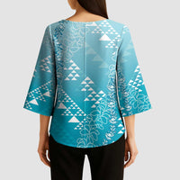 Hawaii Turquoise Kapa Kimono Sleeve Blouse Vintage 'Ohe Kāpala Motifs Mix Plumeria Leis