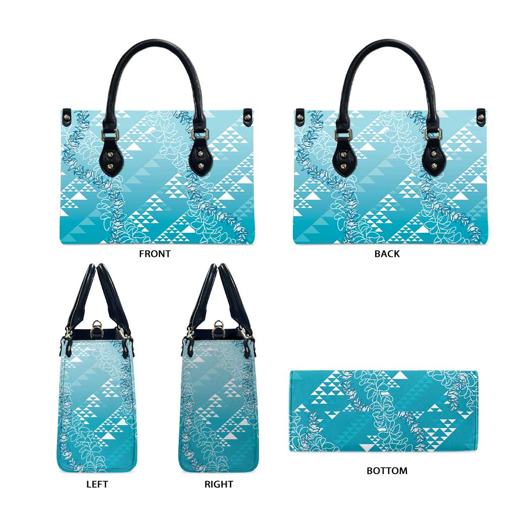 Hawaii Turquoise Kapa Leather Bag Vintage 'Ohe Kāpala Motifs Mix Plumeria Leis