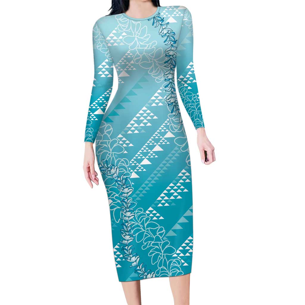 Hawaii Turquoise Kapa Long Sleeve Bodycon Dress Vintage 'Ohe Kāpala Motifs Mix Plumeria Leis LT7 Long Dress Turquoise - Polynesian Pride