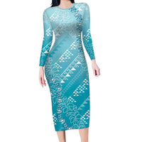 Hawaii Turquoise Kapa Long Sleeve Bodycon Dress Vintage 'Ohe Kāpala Motifs Mix Plumeria Leis LT7 Long Dress Turquoise - Polynesian Pride