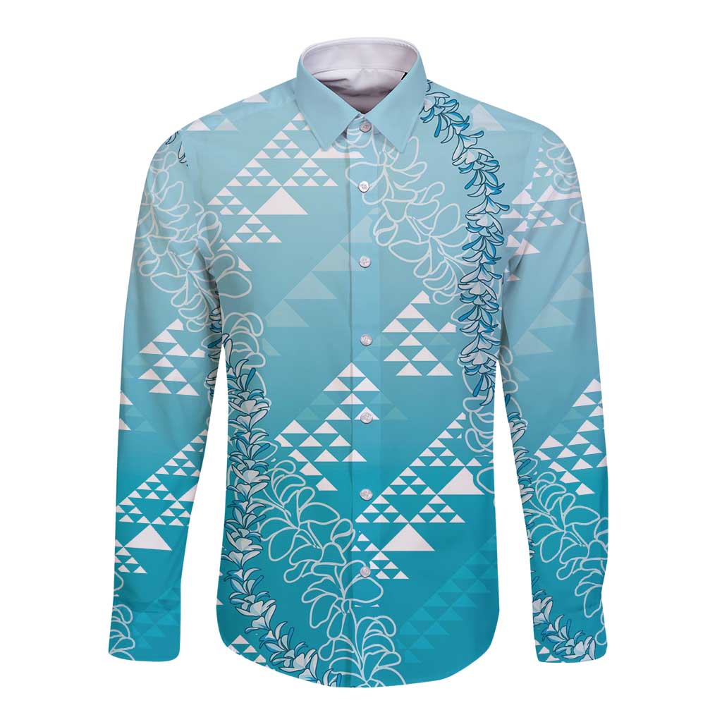 Hawaii Turquoise Kapa Long Sleeve Button Shirt Vintage 'Ohe Kāpala Motifs Mix Plumeria Leis
