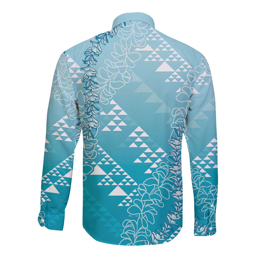 Hawaii Turquoise Kapa Long Sleeve Button Shirt Vintage 'Ohe Kāpala Motifs Mix Plumeria Leis