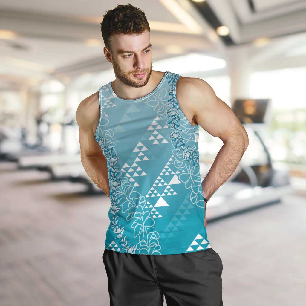 Hawaii Turquoise Kapa Men Tank Top Vintage 'Ohe Kāpala Motifs Mix Plumeria Leis
