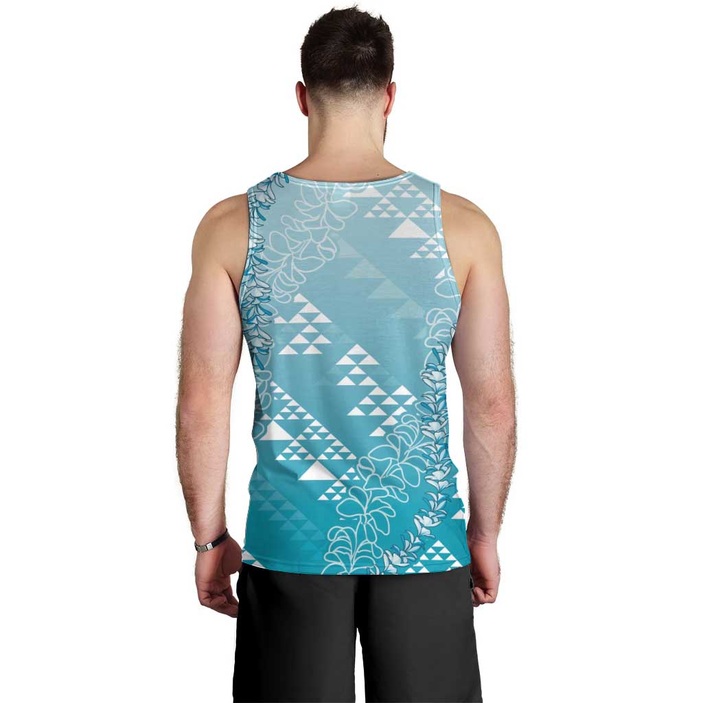 Hawaii Turquoise Kapa Men Tank Top Vintage 'Ohe Kāpala Motifs Mix Plumeria Leis
