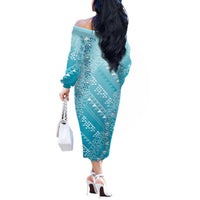 Hawaii Turquoise Kapa Off The Shoulder Long Sleeve Dress Vintage 'Ohe Kāpala Motifs Mix Plumeria Leis LT7 - Polynesian Pride
