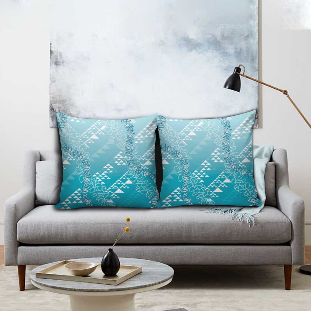 Hawaii Turquoise Kapa Pillow Cover Vintage 'Ohe Kāpala Motifs Mix Plumeria Leis