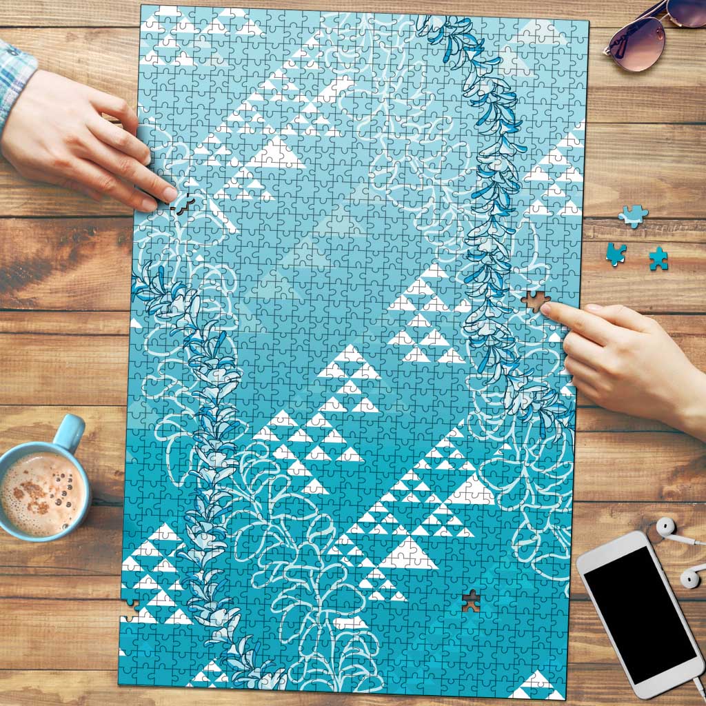 Hawaii Turquoise Kapa Puzzle Vintage 'Ohe Kāpala Motifs Mix Plumeria Leis