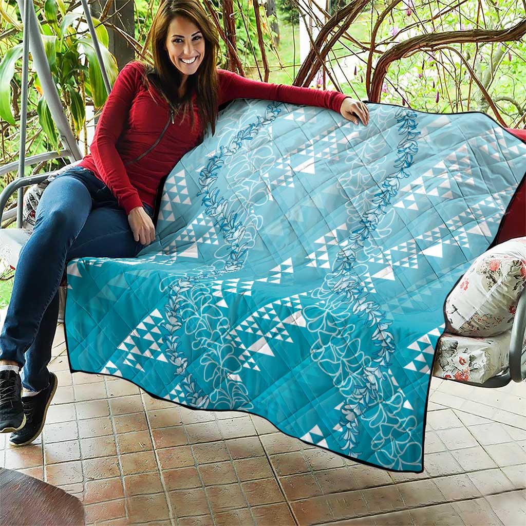 Hawaii Turquoise Kapa Quilt Vintage 'Ohe Kāpala Motifs Mix Plumeria Leis