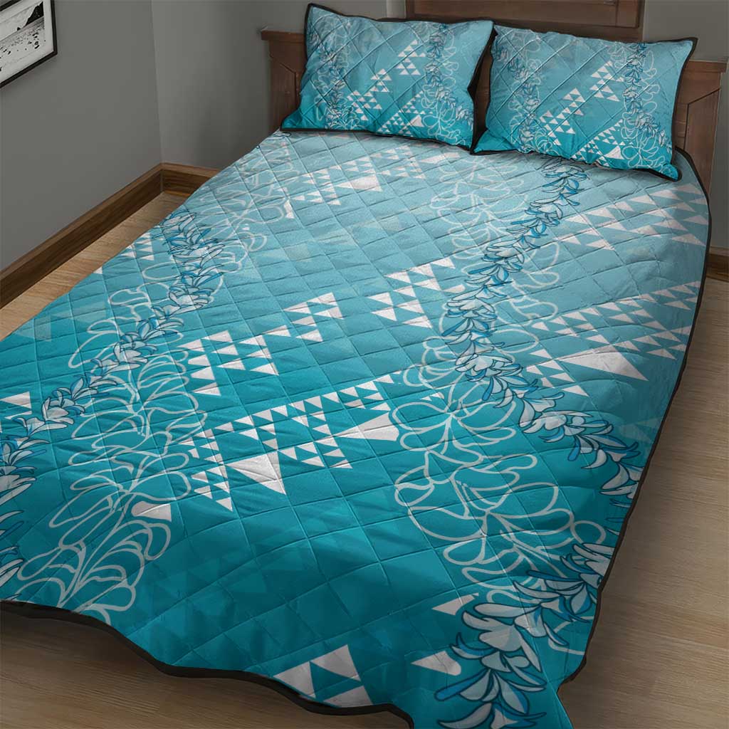 Hawaii Turquoise Kapa Quilt Bed Set Vintage 'Ohe Kāpala Motifs Mix Plumeria Leis