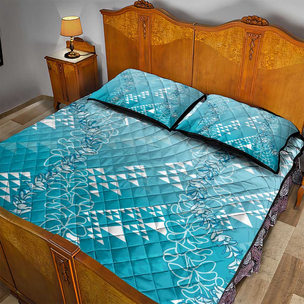 Hawaii Turquoise Kapa Quilt Bed Set Vintage 'Ohe Kāpala Motifs Mix Plumeria Leis