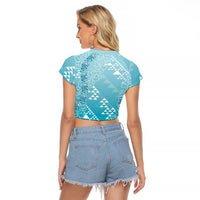 Hawaii Turquoise Kapa Raglan Cropped T Shirt Vintage 'Ohe Kāpala Motifs Mix Plumeria Leis