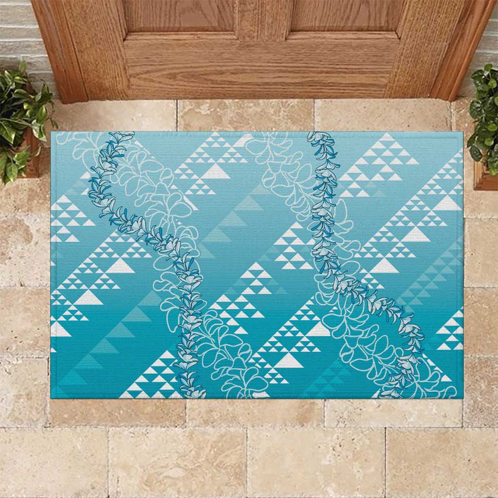 Hawaii Turquoise Kapa Rubber Doormat Vintage 'Ohe Kāpala Motifs Mix Plumeria Leis
