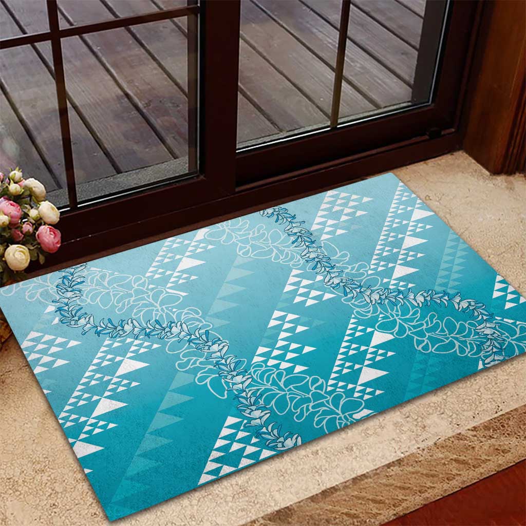 Hawaii Turquoise Kapa Rubber Doormat Vintage 'Ohe Kāpala Motifs Mix Plumeria Leis
