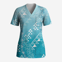 Hawaii Turquoise Kapa Scrub Top Vintage 'Ohe Kāpala Motifs Mix Plumeria Leis