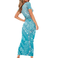 Hawaii Turquoise Kapa Short Sleeve Bodycon Dress Vintage 'Ohe Kāpala Motifs Mix Plumeria Leis LT7 - Polynesian Pride