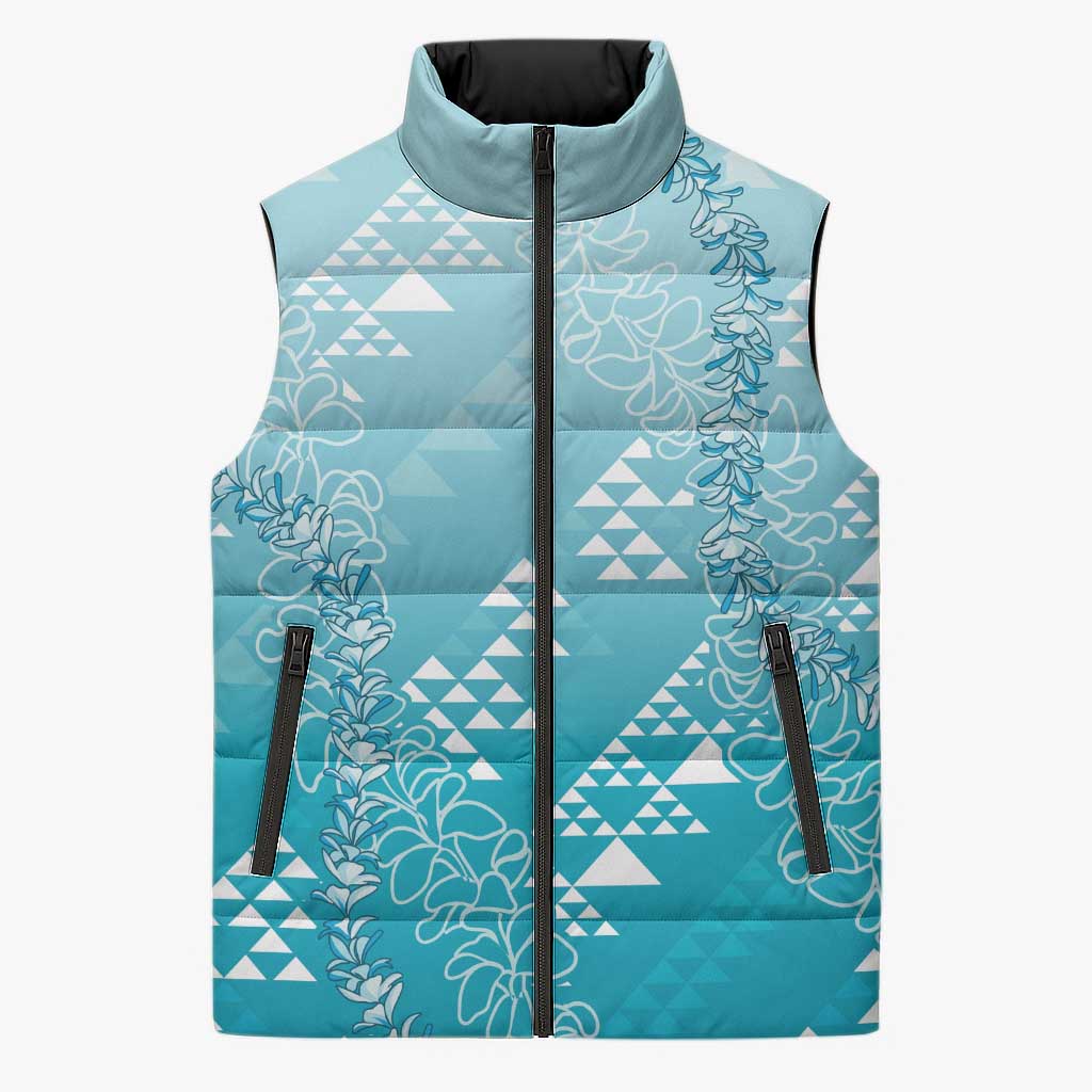 Hawaii Turquoise Kapa Sleeveless Puffer Jacket Vintage 'Ohe Kāpala Motifs Mix Plumeria Leis