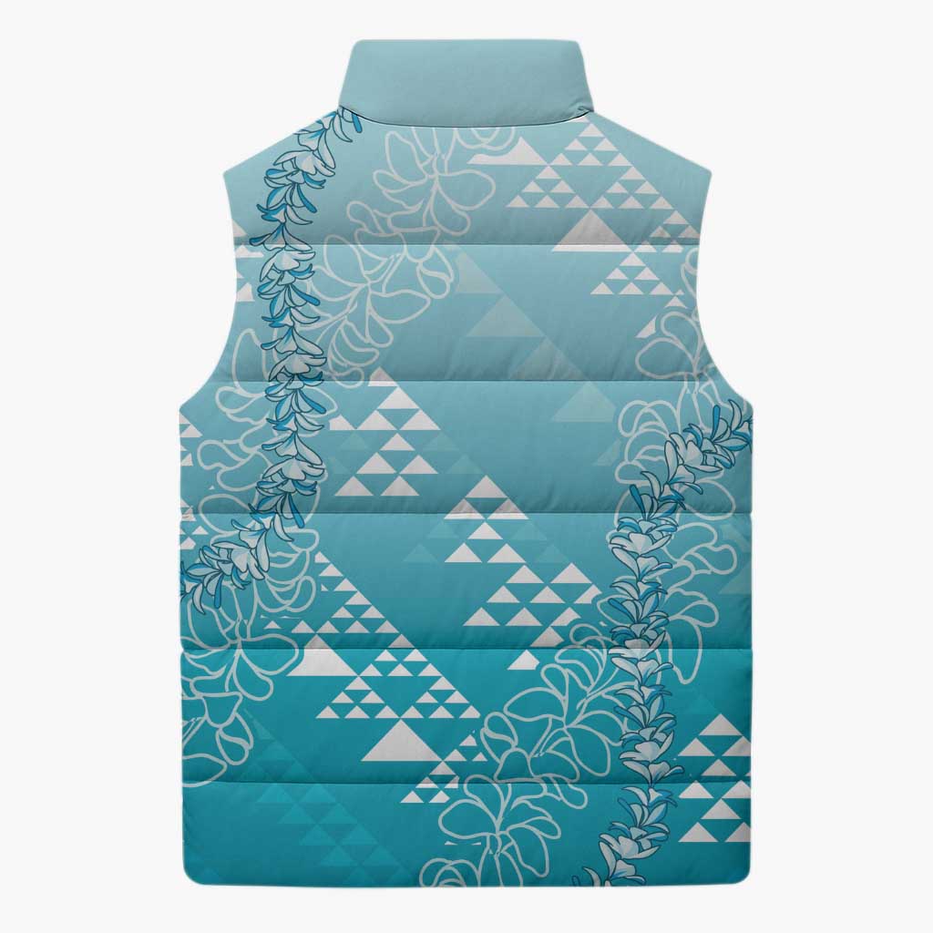 Hawaii Turquoise Kapa Sleeveless Puffer Jacket Vintage 'Ohe Kāpala Motifs Mix Plumeria Leis