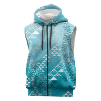 Hawaii Turquoise Kapa Sleeveless Zip Hoodie Vintage 'Ohe Kāpala Motifs Mix Plumeria Leis LT7 Turquoise - Polynesian Pride