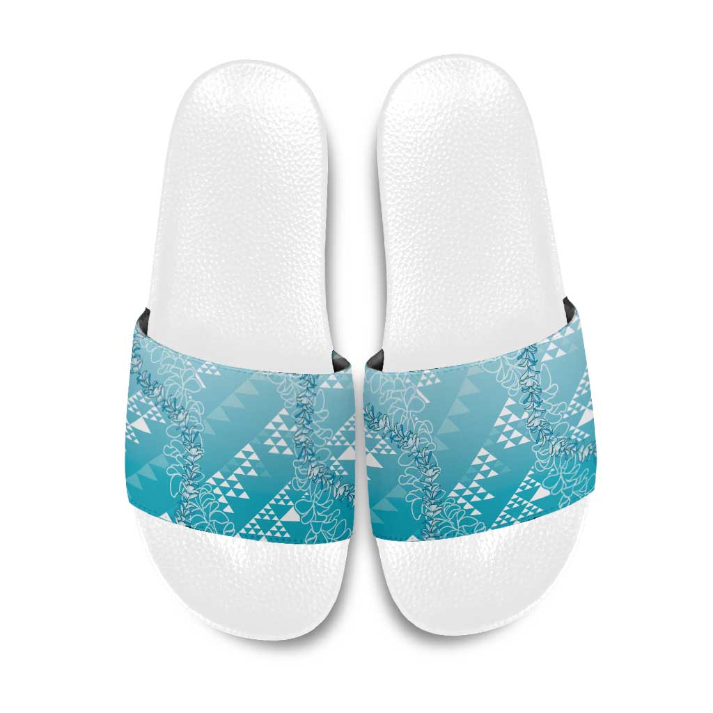 Hawaii Turquoise Kapa Slide Sandals Vintage 'Ohe Kāpala Motifs Mix Plumeria Leis