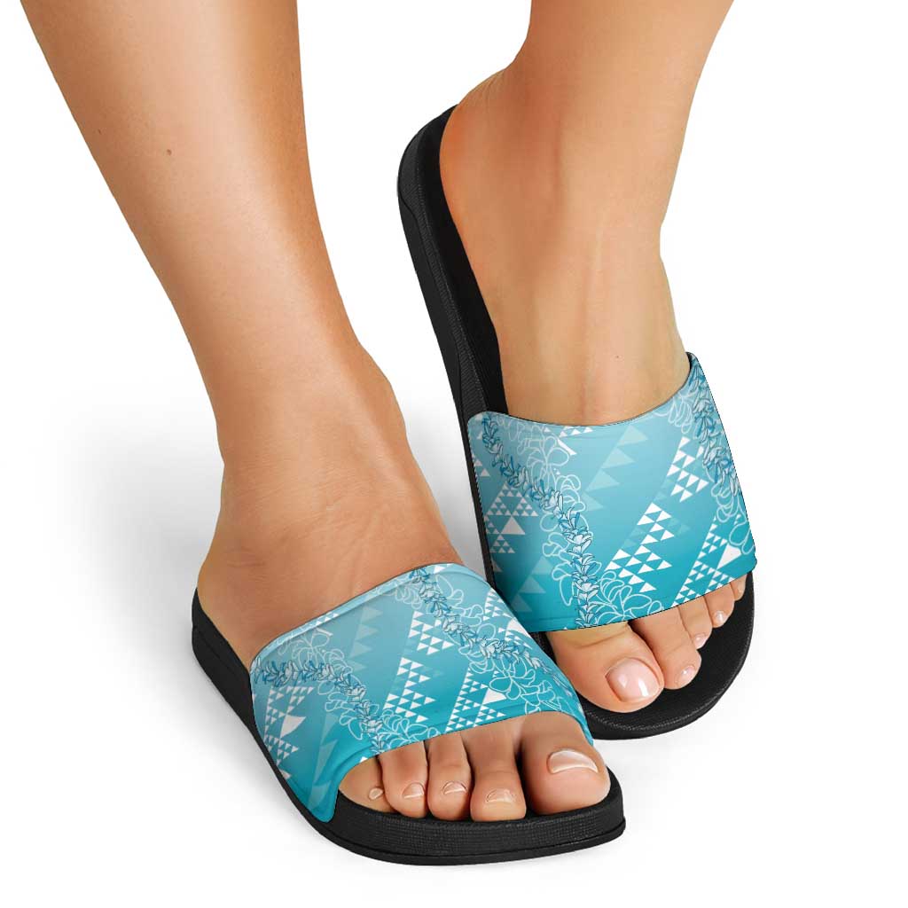 Hawaii Turquoise Kapa Slide Sandals Vintage 'Ohe Kāpala Motifs Mix Plumeria Leis