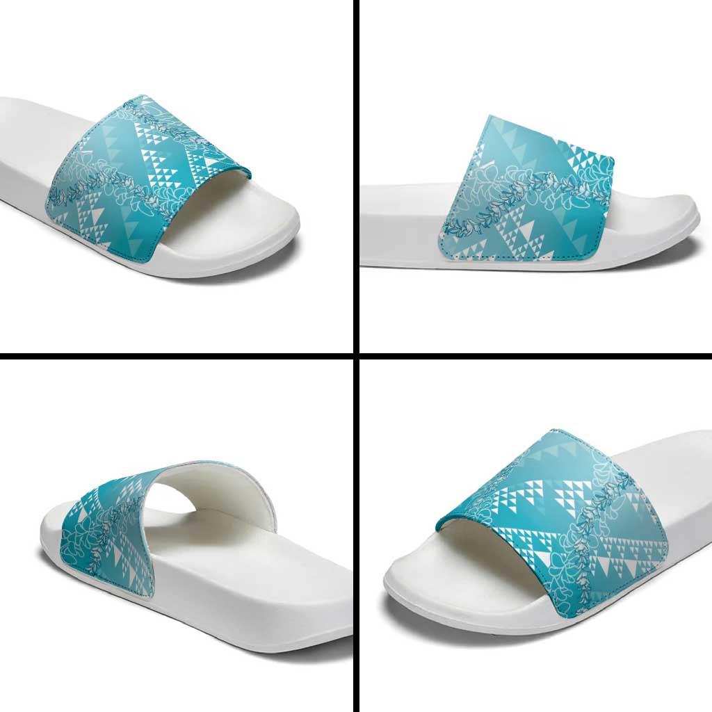 Hawaii Turquoise Kapa Slide Sandals Vintage 'Ohe Kāpala Motifs Mix Plumeria Leis