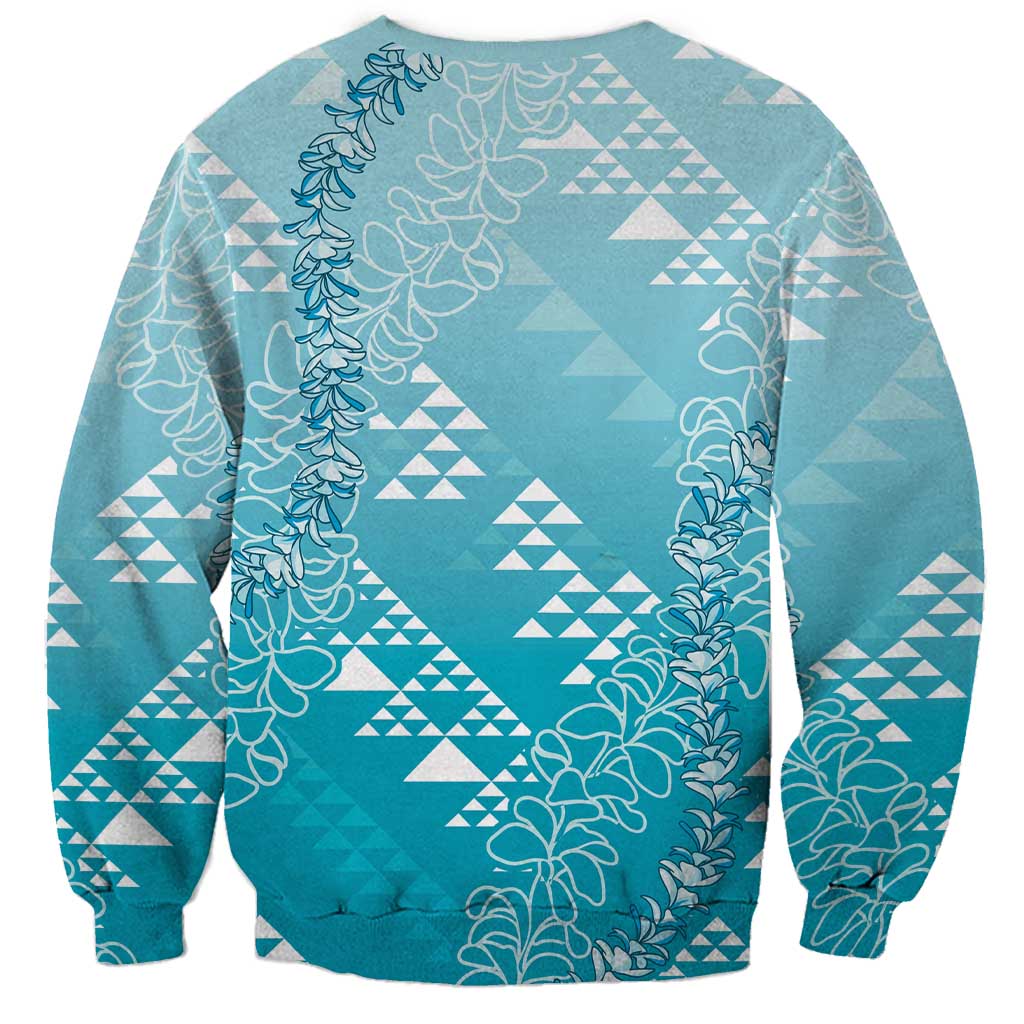 Hawaii Turquoise Kapa Sweatshirt Vintage 'Ohe Kāpala Motifs Mix Plumeria Leis