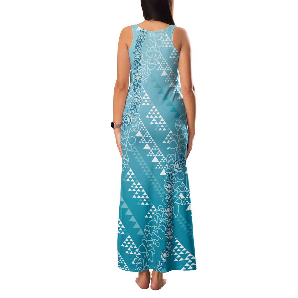 Hawaii Turquoise Kapa Tank Maxi Dress Vintage 'Ohe Kāpala Motifs Mix Plumeria Leis