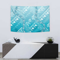 Hawaii Turquoise Kapa Tapestry Vintage 'Ohe Kāpala Motifs Mix Plumeria Leis